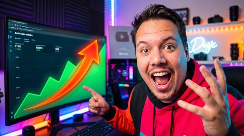 Criador de conteúdo animado ao lado de um monitor mostrando o gráfico de crescimento de um canal