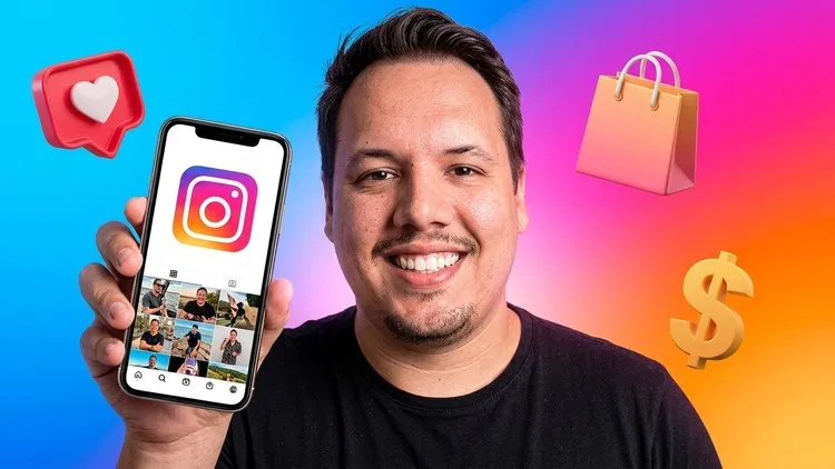 Instructor Otávio Marques holding a phone with Instagram open