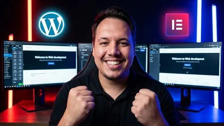 Instructor Otávio Marques in front of screens with WordPress and Elementor
